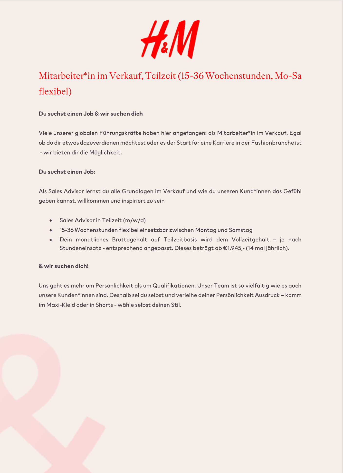 H&M Teilzeit Verkauf