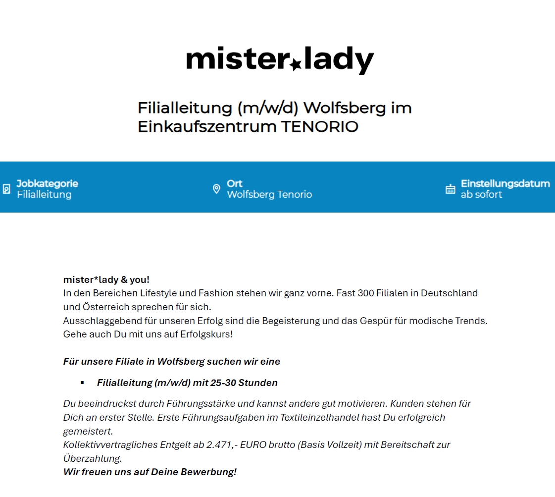 Filialleitung Mister Lady