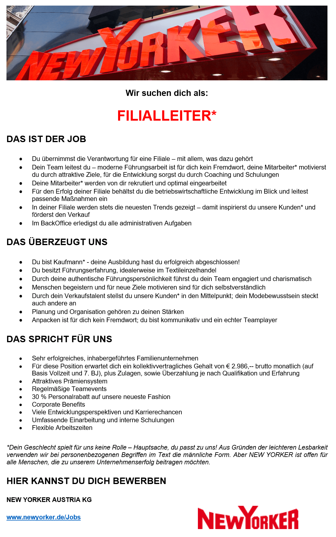 New Yorker Stellenanzeige Filialleiter